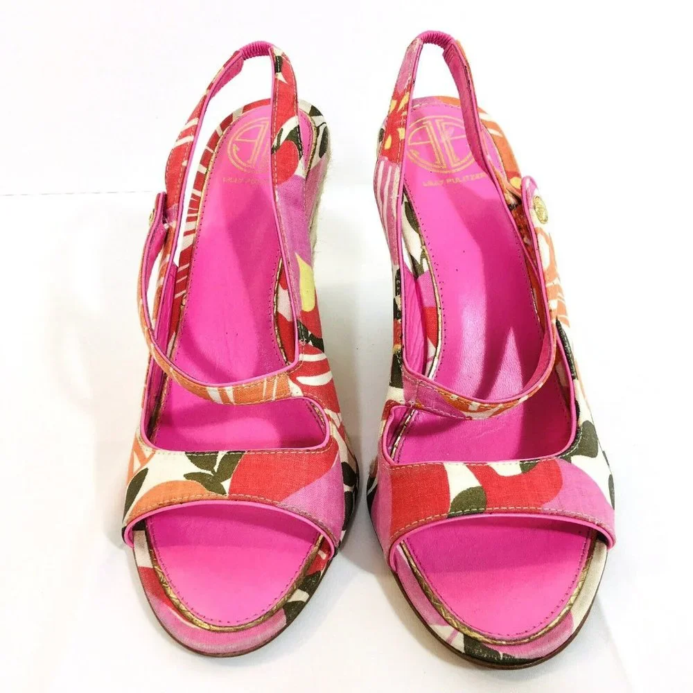 Lilly Pulitzer Sz 10M Espadrille Sling Back Wedge Logo Pink Floral Peep Toe